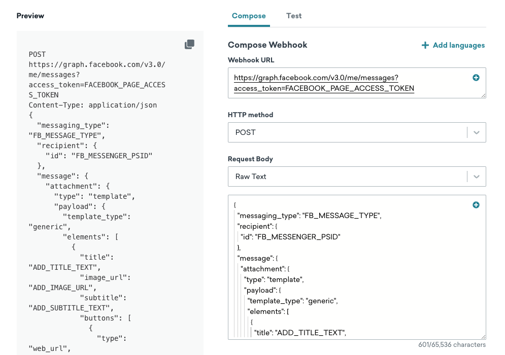 L'onglet "Compose" avec un exemple de modèle de webhook Facebook Messenger.