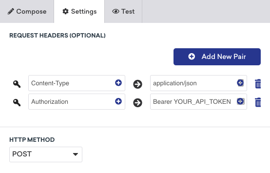 L'onglet "Settings" avec les en-têtes de requête pour le webhook.